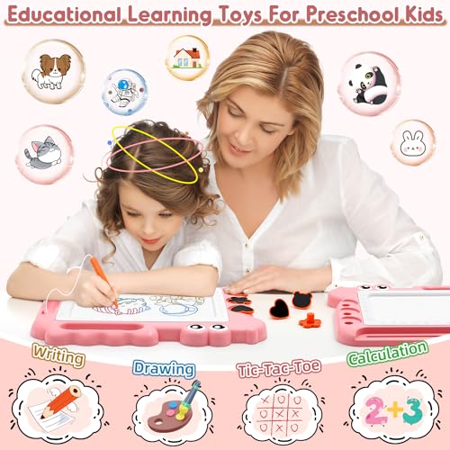 AiTuiTui Magnetic Drawing Board for Toddlers - Pink Dinosaur Doodle Pad with Stamps and Letters