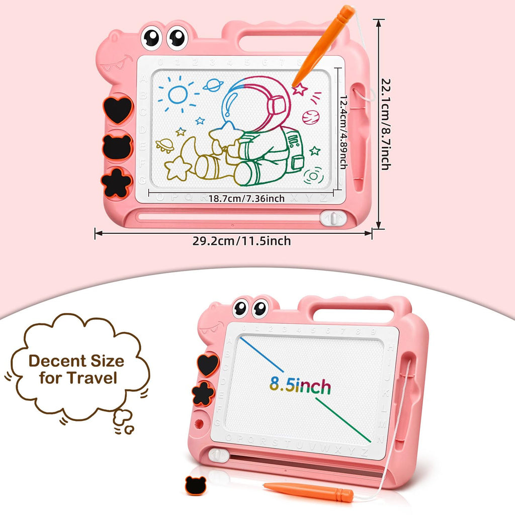 AiTuiTui Magnetic Drawing Board for Toddlers - Pink Dinosaur Doodle Pad with Stamps and Letters