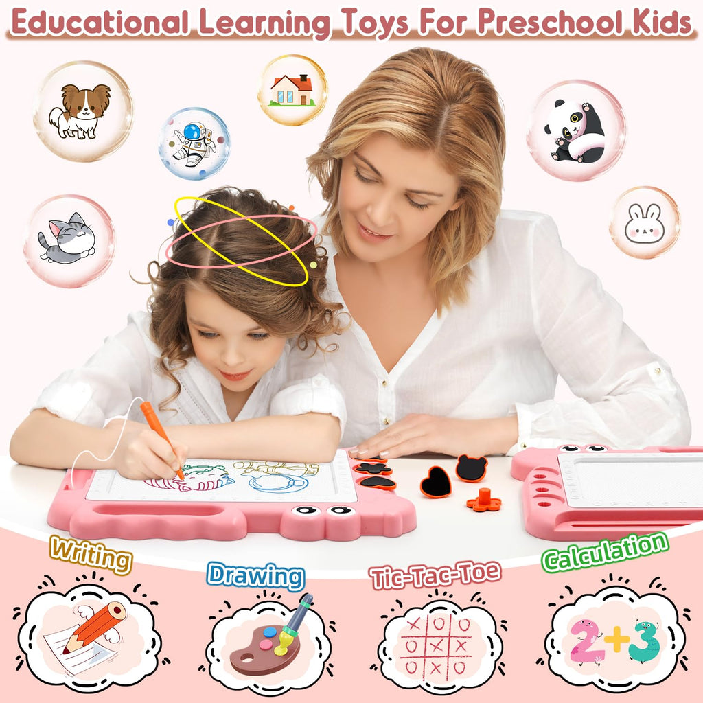 AiTuiTui Magnetic Drawing Board for Toddlers - Pink Dinosaur Doodle Pad with Stamps and Letters
