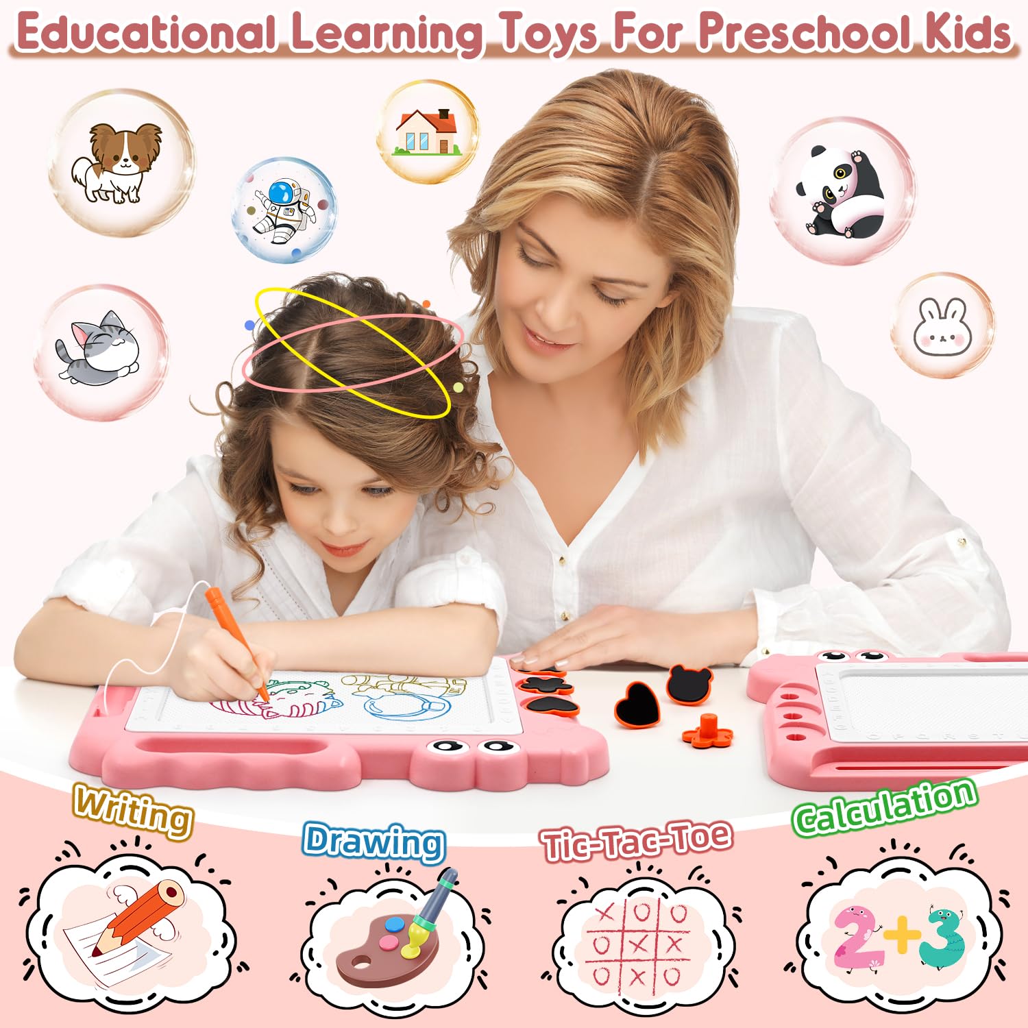AiTuiTui Magnetic Drawing Board for Toddlers - Pink Dinosaur Doodle Pad with Stamps and Letters