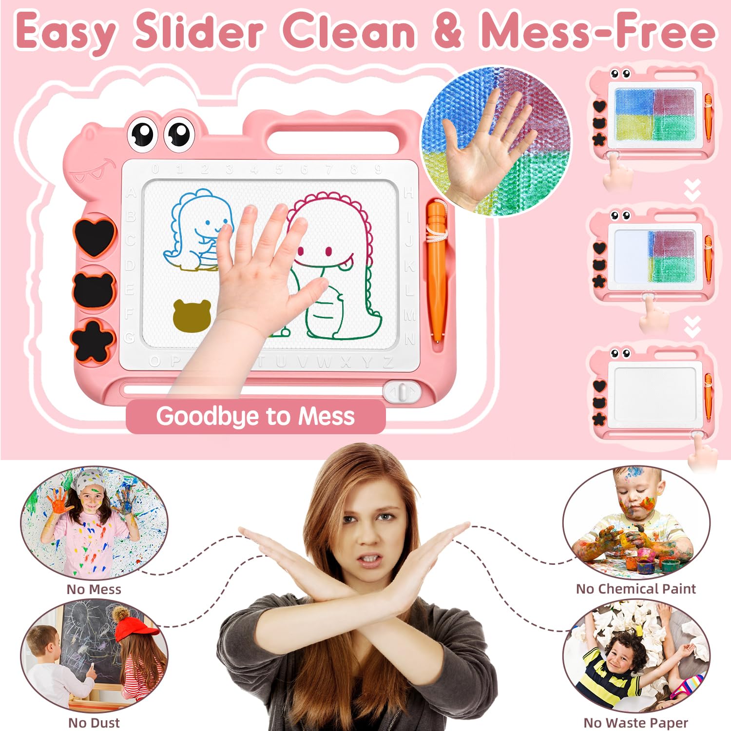 AiTuiTui Magnetic Drawing Board for Toddlers - Pink Dinosaur Doodle Pad with Stamps and Letters
