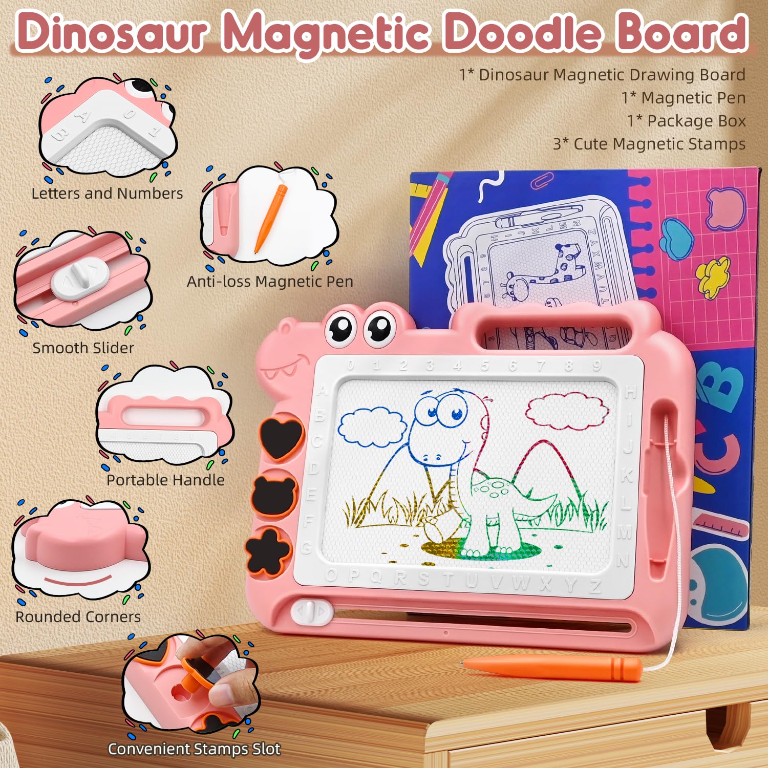 AiTuiTui Magnetic Drawing Board for Toddlers - Pink Dinosaur Doodle Pad with Stamps and Letters