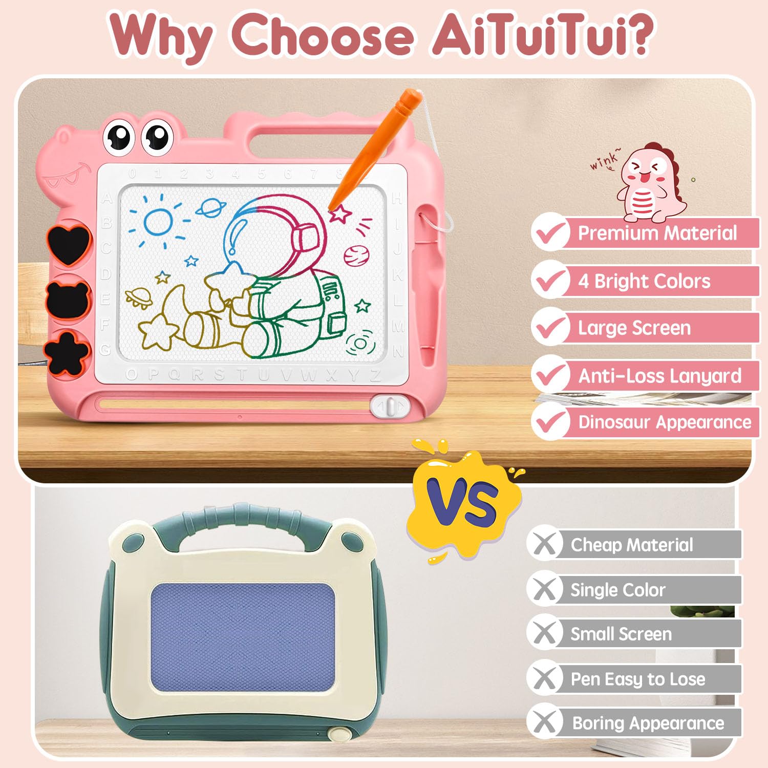 AiTuiTui Magnetic Drawing Board for Toddlers - Pink Dinosaur Doodle Pad with Stamps and Letters