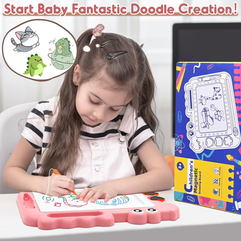 AiTuiTui Magnetic Drawing Board for Toddlers - Pink Dinosaur Doodle Pad with Stamps and Letters