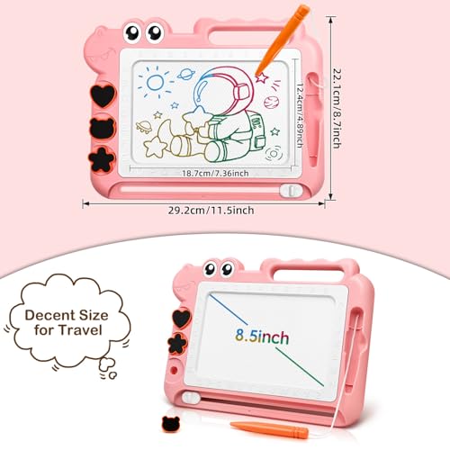 AiTuiTui Magnetic Drawing Board for Toddlers - Pink Dinosaur Doodle Pad with Stamps and Letters