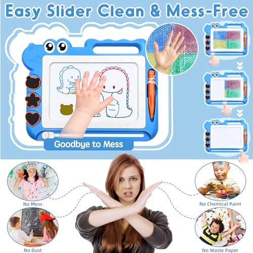 AiTuiTui Magnetic Drawing Board for Toddlers, Dinosaur Doodle Board, Educational Toy with Color Zones, Stamps, and Letters, Blue
