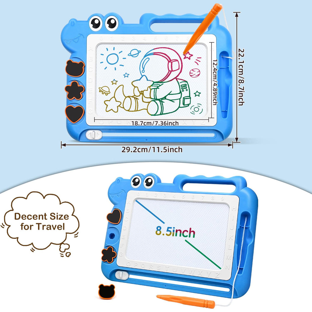 AiTuiTui Magnetic Drawing Board for Toddlers, Dinosaur Doodle Board, Educational Toy with Color Zones, Stamps, and Letters, Blue
