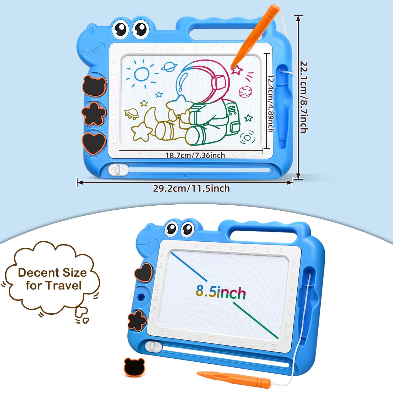 AiTuiTui Magnetic Drawing Board for Toddlers, Dinosaur Doodle Board, Educational Toy with Color Zones, Stamps, and Letters, Blue