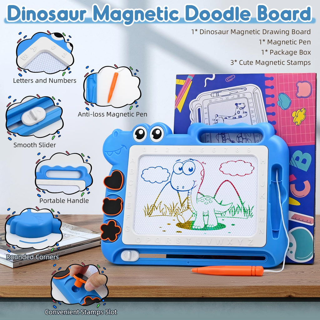 AiTuiTui Magnetic Drawing Board for Toddlers, Dinosaur Doodle Board, Educational Toy with Color Zones, Stamps, and Letters, Blue