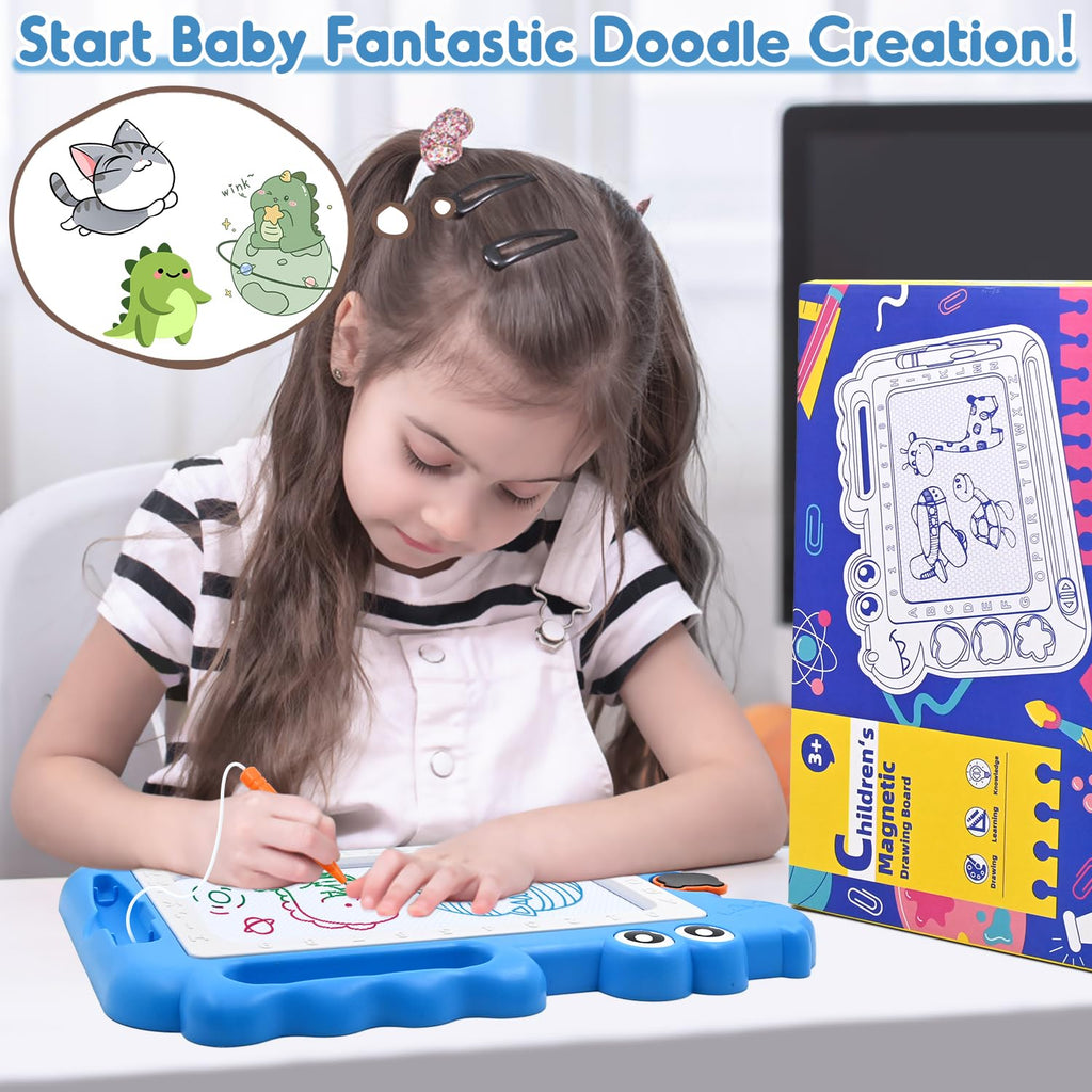 AiTuiTui Magnetic Drawing Board for Toddlers, Dinosaur Doodle Board, Educational Toy with Color Zones, Stamps, and Letters, Blue