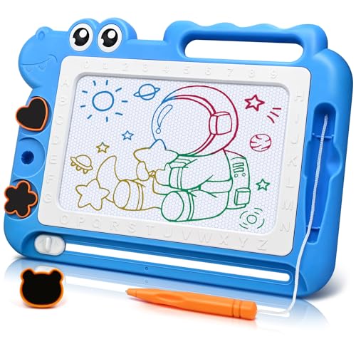 AiTuiTui Magnetic Drawing Board for Toddlers, Dinosaur Doodle Board, Educational Toy with Color Zones, Stamps, and Letters, Blue