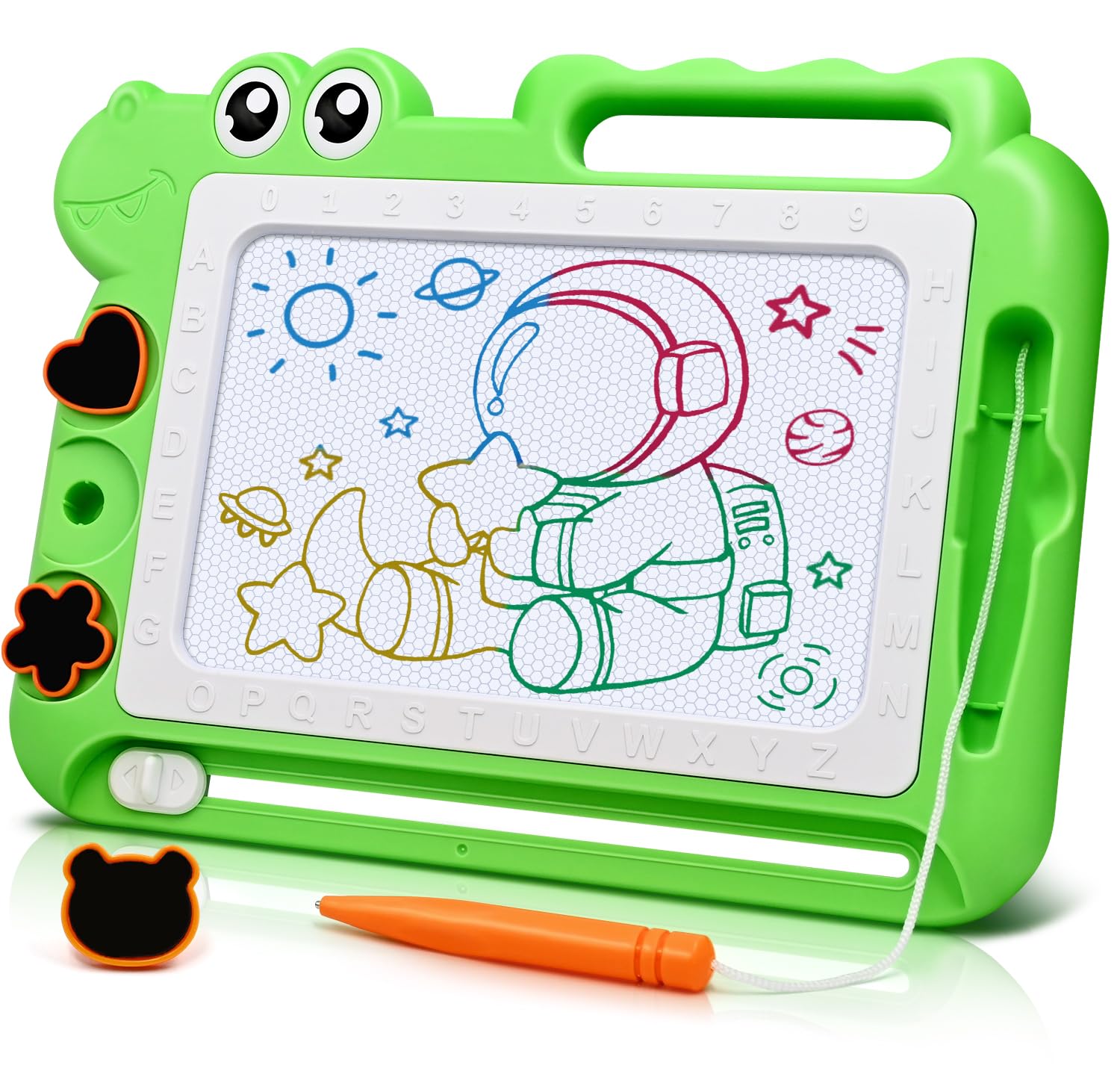 AiTuiTui Magnetic Drawing Board for Toddlers – Green Dinosaur Doodle Pad with Color Zones, Stamps, and Eraser