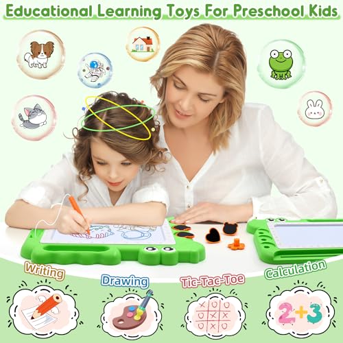AiTuiTui Magnetic Drawing Board for Toddlers – Green Dinosaur Doodle Pad with Color Zones, Stamps, and Eraser