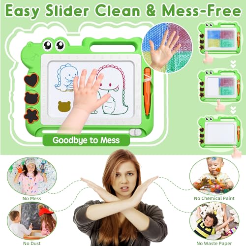 AiTuiTui Magnetic Drawing Board for Toddlers – Green Dinosaur Doodle Pad with Color Zones, Stamps, and Eraser