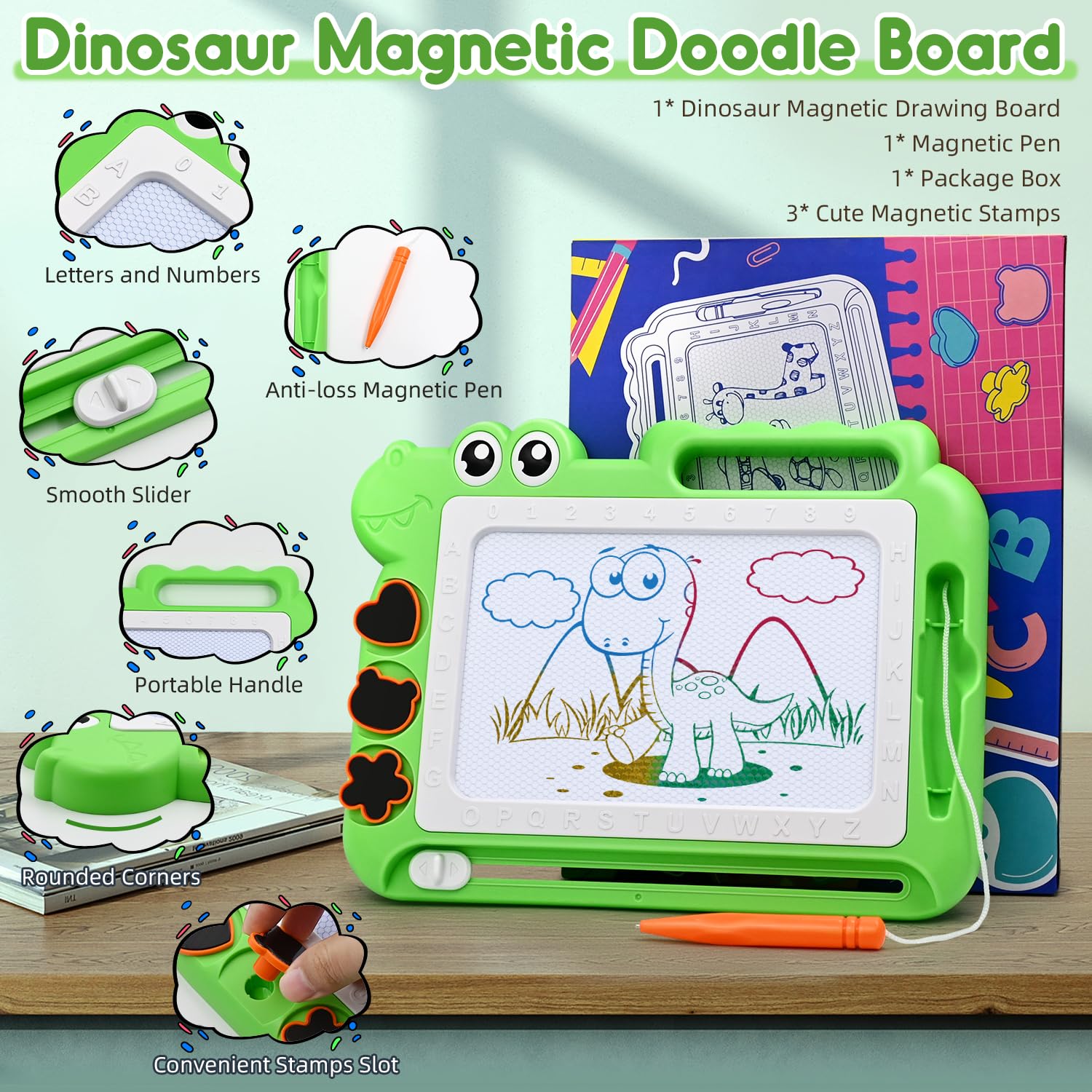 AiTuiTui Magnetic Drawing Board for Toddlers – Green Dinosaur Doodle Pad with Color Zones, Stamps, and Eraser