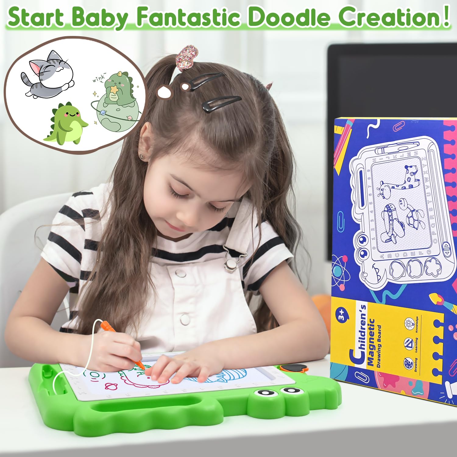 AiTuiTui Magnetic Drawing Board for Toddlers – Green Dinosaur Doodle Pad with Color Zones, Stamps, and Eraser