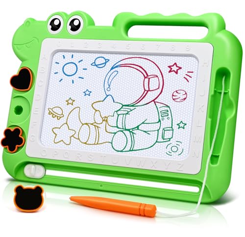 AiTuiTui Magnetic Drawing Board for Toddlers – Green Dinosaur Doodle Pad with Color Zones, Stamps, and Eraser