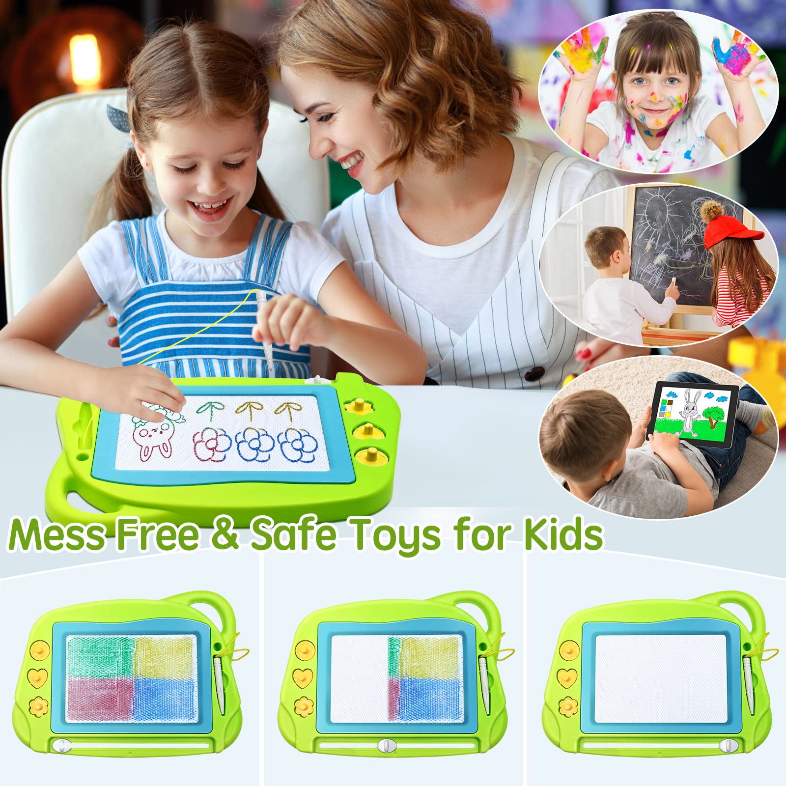 AiTuiTui Mini Magnetic Drawing Board - Travel Doodle Pad with 3 Stamps & Pen, Green