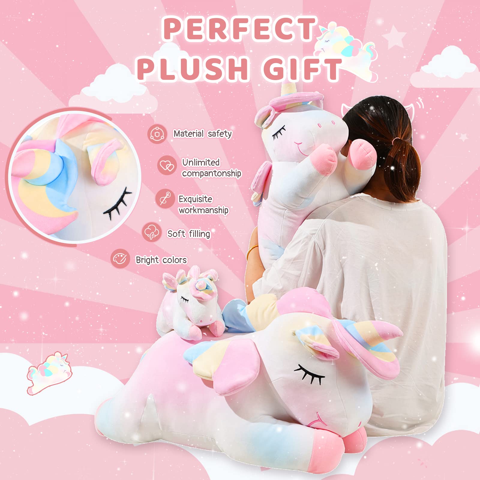 AIXINI 11.8 Inch Rainbow Unicorn Plush Pillow - Soft Stuffed Animal Toy for Girls