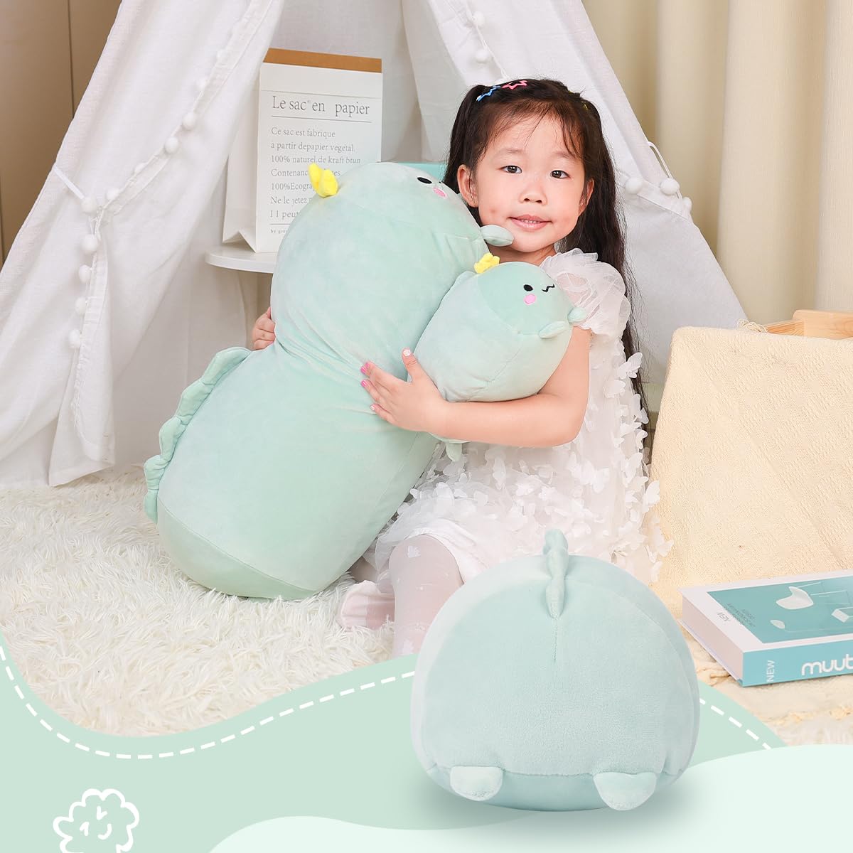 AIXINI 8 Inch Cylindrical Dinosaur Plush - Soft Body Pillow Toy, Washable Cover