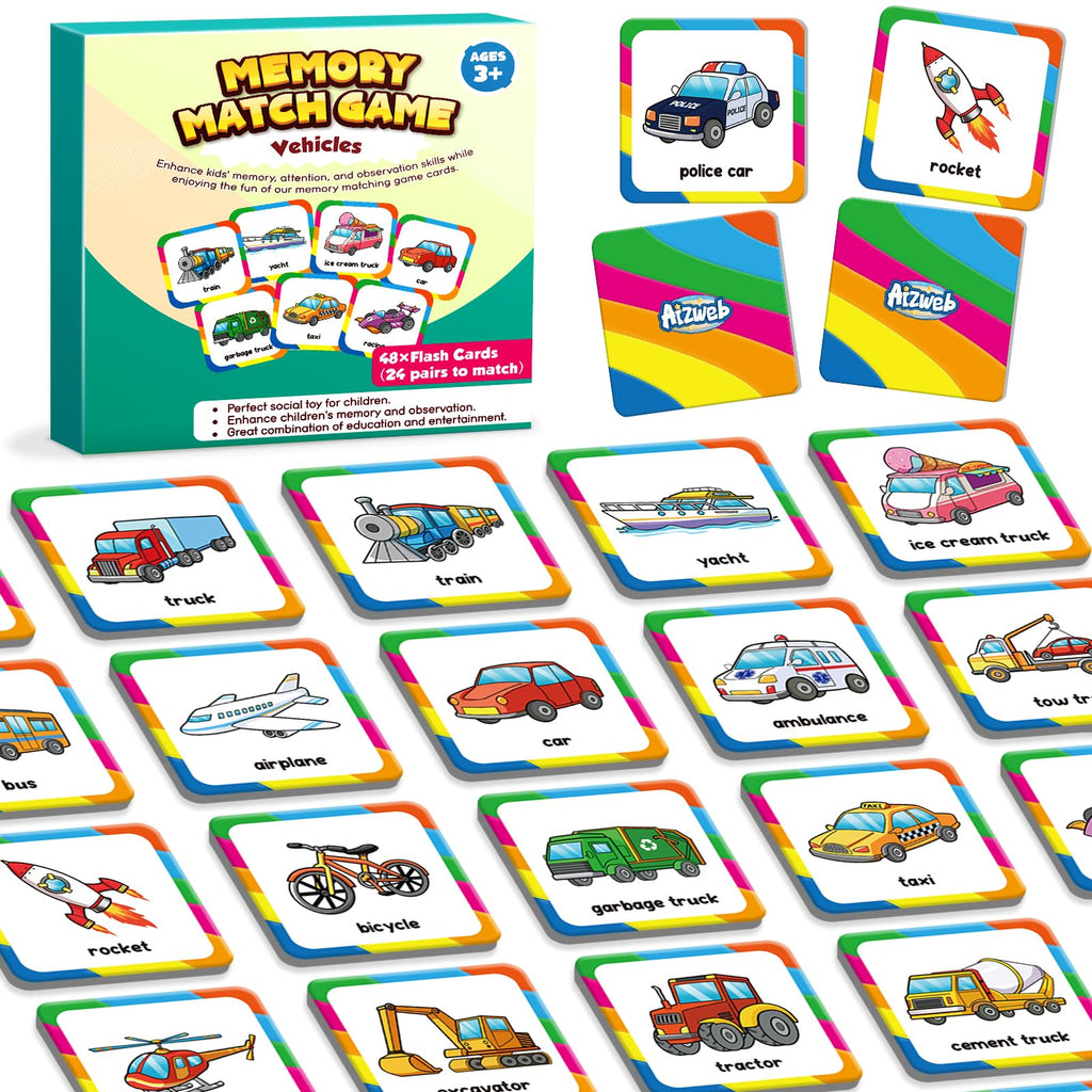 Aizweb Vehicle Match Game – 48-Piece Memory Card Game for Toddlers Ages 3-6, Preschool Learning Activity