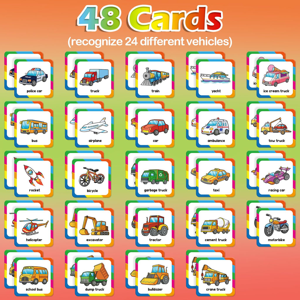 Aizweb Vehicle Match Game – 48-Piece Memory Card Game for Toddlers Ages 3-6, Preschool Learning Activity