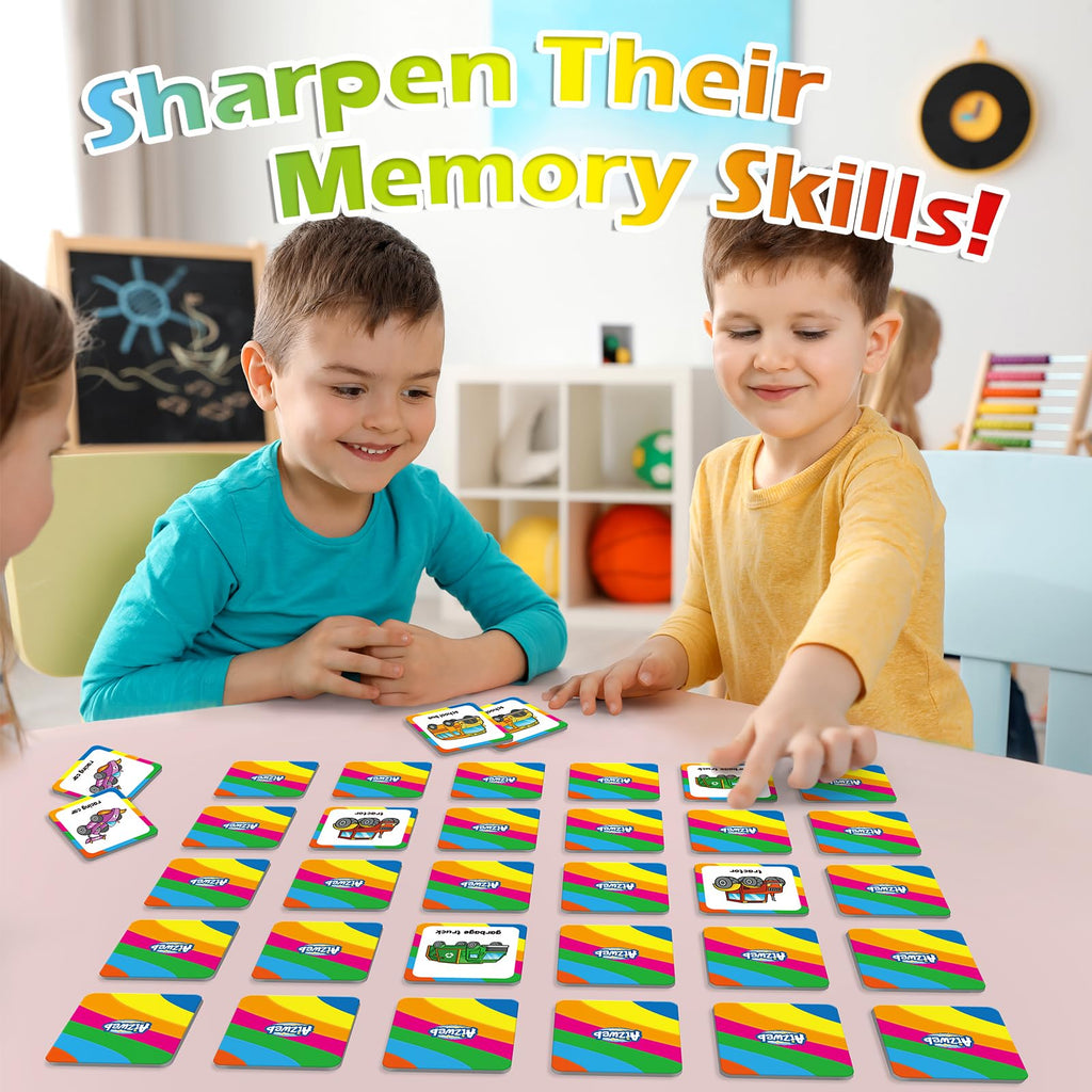 Aizweb Vehicle Match Game – 48-Piece Memory Card Game for Toddlers Ages 3-6, Preschool Learning Activity