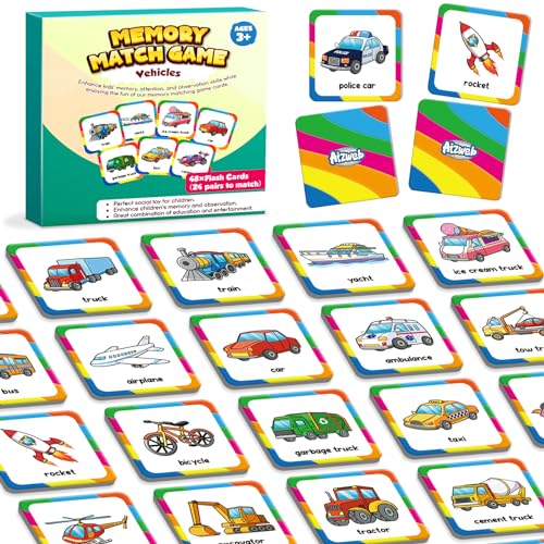 Aizweb Vehicle Match Game – 48-Piece Memory Card Game for Toddlers Ages 3-6, Preschool Learning Activity