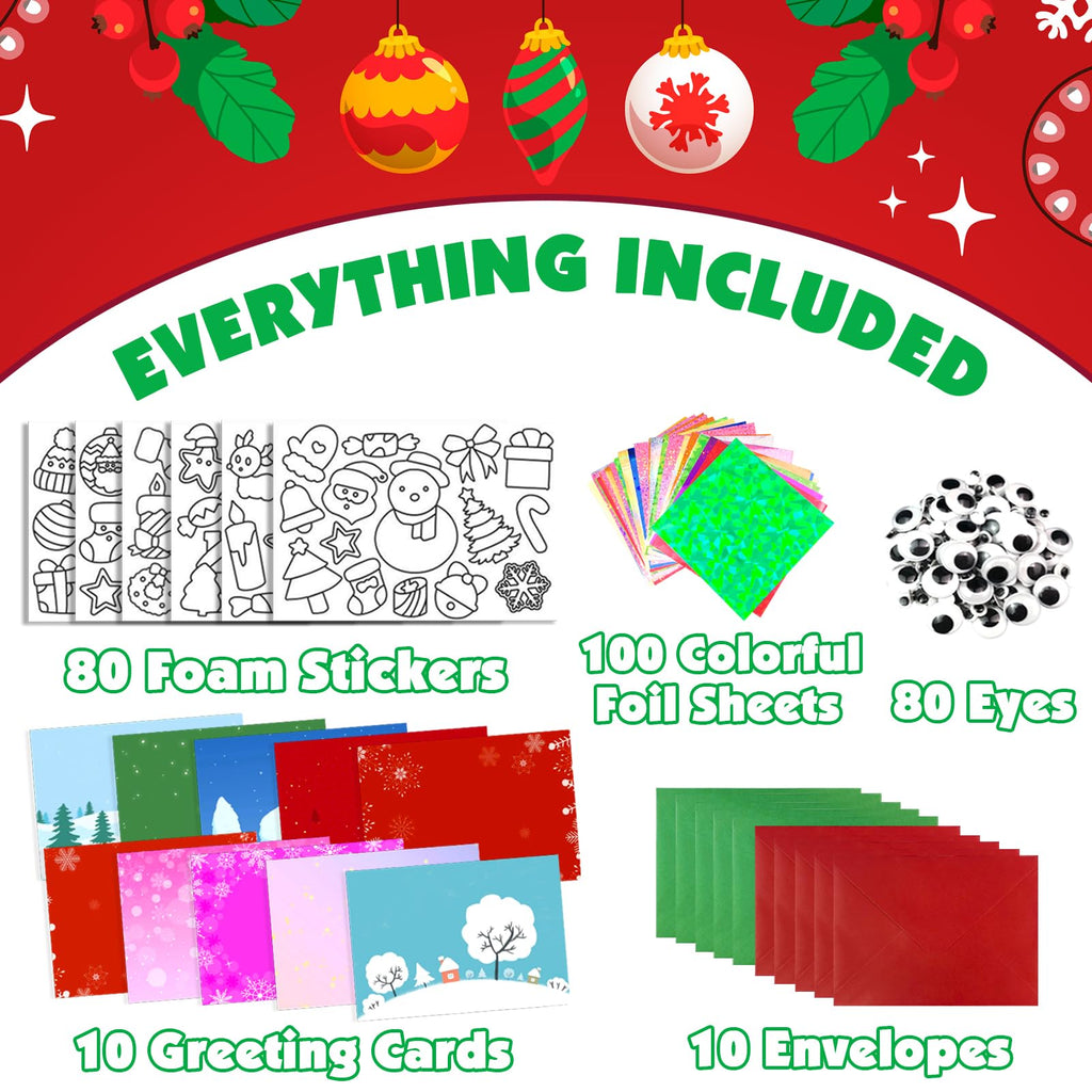 AJAZPER Christmas Foil Craft Kit for Kids – 100 Foil Sheets, 80 Stickers, 10 Cards & Envelopes, Mess-Free DIY Art Set for Ages 4-8