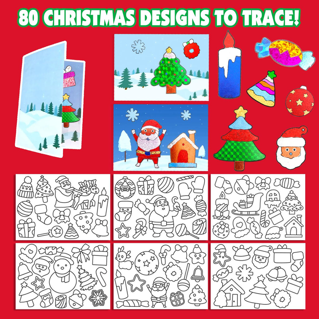 AJAZPER Christmas Foil Craft Kit for Kids – 100 Foil Sheets, 80 Stickers, 10 Cards & Envelopes, Mess-Free DIY Art Set for Ages 4-8