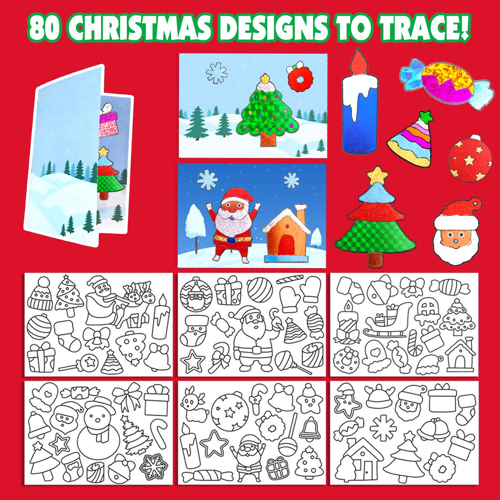AJAZPER Christmas Foil Craft Kit for Kids – 100 Foil Sheets, 80 Stickers, 10 Cards & Envelopes, Mess-Free DIY Art Set for Ages 4-8