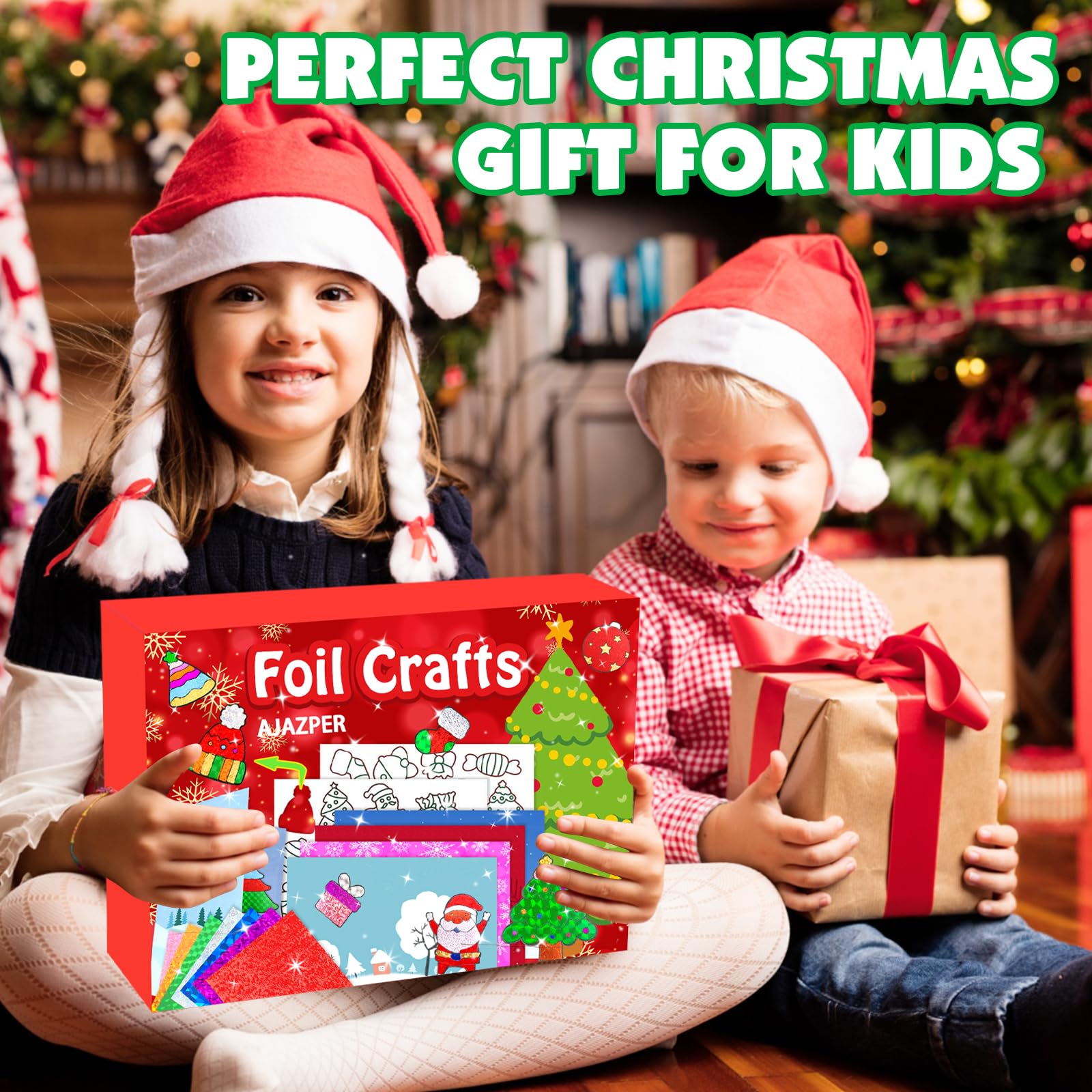 AJAZPER Christmas Foil Craft Kit for Kids – 100 Foil Sheets, 80 Stickers, 10 Cards & Envelopes, Mess-Free DIY Art Set for Ages 4-8