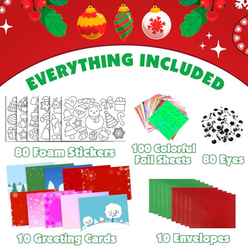 AJAZPER Christmas Foil Craft Kit for Kids – 100 Foil Sheets, 80 Stickers, 10 Cards & Envelopes, Mess-Free DIY Art Set for Ages 4-8