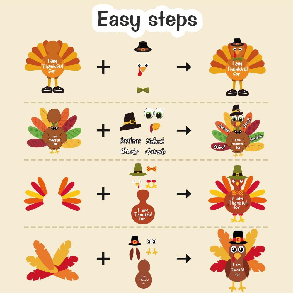 AKEROCK Make-a-Turkey Thanksgiving Sticker Crafts for Kids - 36 Sheets, 4 Designs