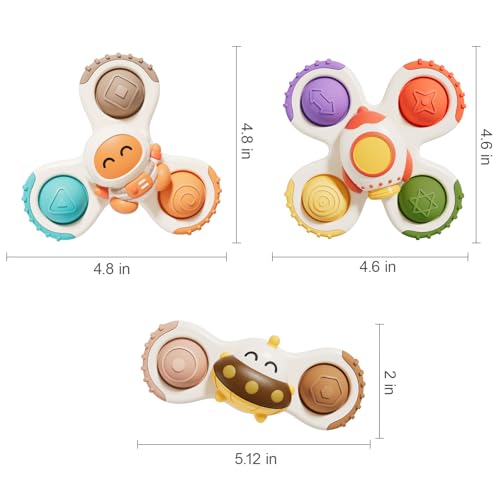 ALASOU 3-Pack Suction Cup Spinner Toys for Toddlers 1-3 - Sensory Travel Toys for 1 Year Old Boys Girls