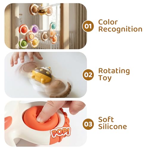 ALASOU 3-Pack Suction Cup Spinner Toys for Toddlers 1-3 - Sensory Travel Toys for 1 Year Old Boys Girls