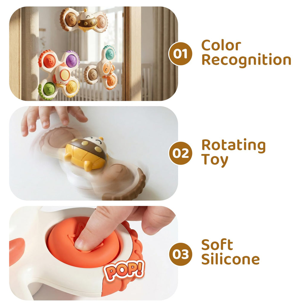 ALASOU 3-Pack Suction Cup Spinner Toys for Toddlers 1-3 - Sensory Travel Toys for 1 Year Old Boys Girls