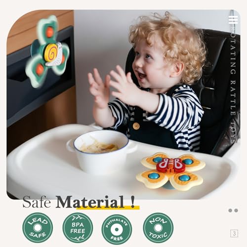 ALASOU 3-Pack Suction Cup Spinner Toys – Spinning Tops for Toddlers 1-2 Years, Bath and Travel Toy for Boys and Girls