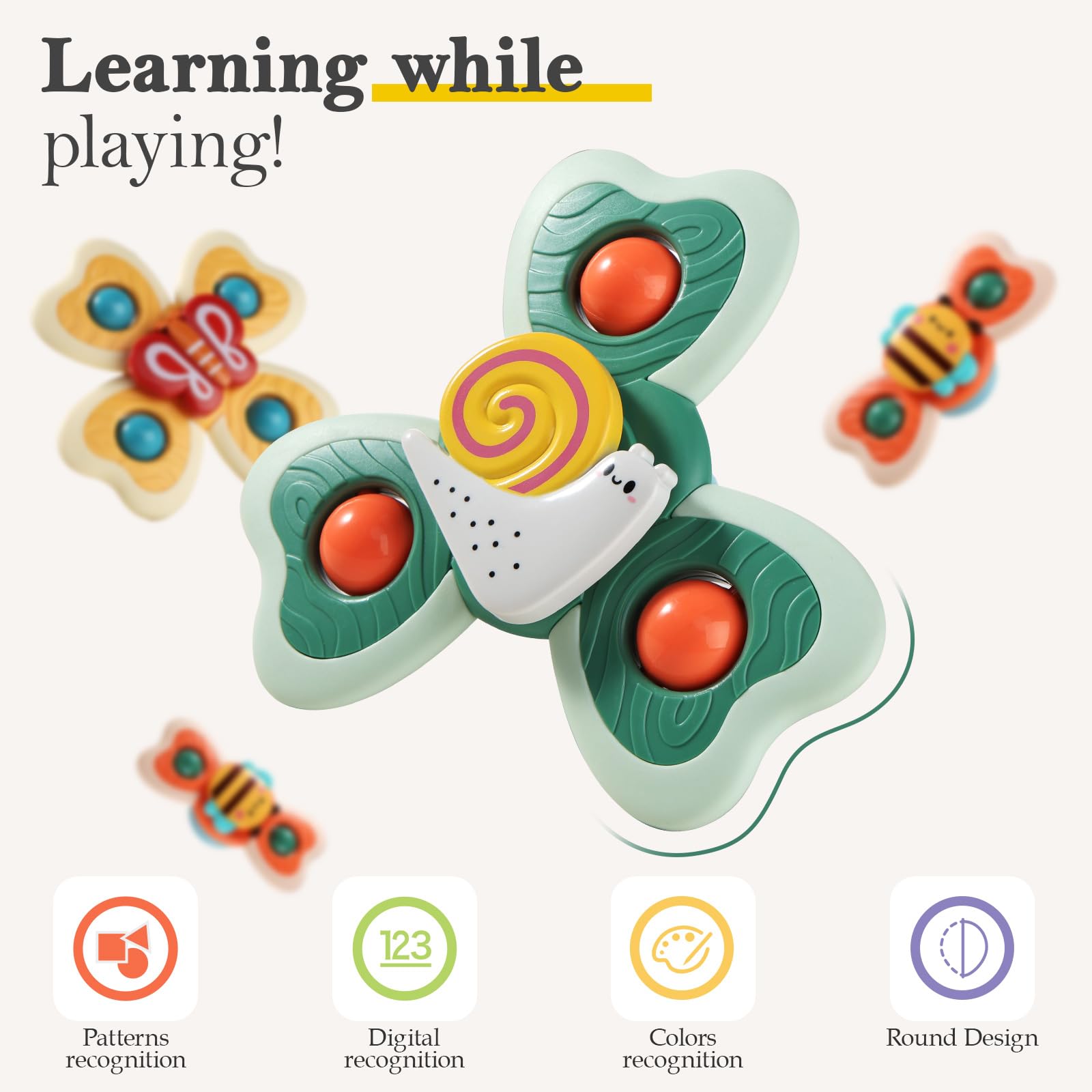 ALASOU 3-Pack Suction Cup Spinner Toys – Spinning Tops for Toddlers 1-2 Years, Bath and Travel Toy for Boys and Girls