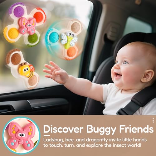 ALASOU 3-Piece Pop Suction Cup Spinner Toys for Babies 12-36 Months – Sensory Spinning Tops for Travel, Bath & High Chair