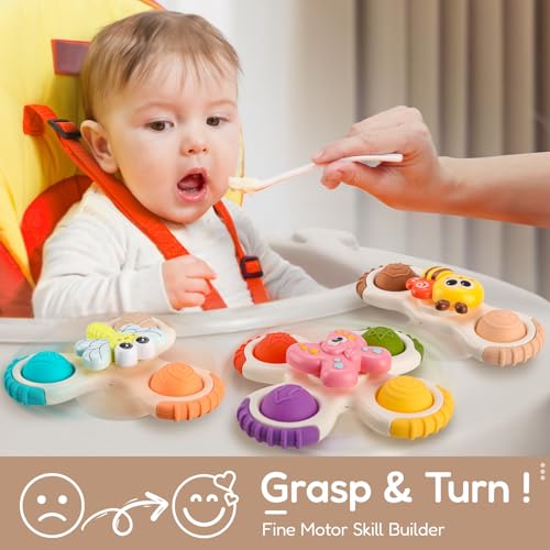 ALASOU 3-Piece Pop Suction Cup Spinner Toys for Babies 12-36 Months – Sensory Spinning Tops for Travel, Bath & High Chair