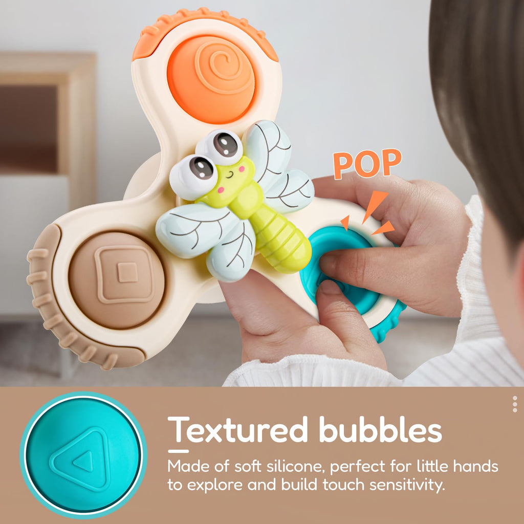ALASOU 3-Piece Pop Suction Cup Spinner Toys for Babies 12-36 Months – Sensory Spinning Tops for Travel, Bath & High Chair