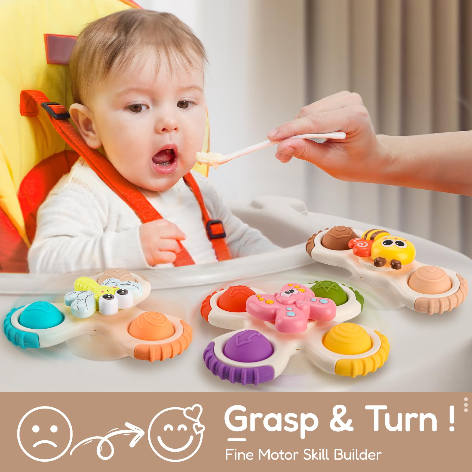 ALASOU 3-Piece Pop Suction Cup Spinner Toys for Babies 12-36 Months – Sensory Spinning Tops for Travel, Bath & High Chair