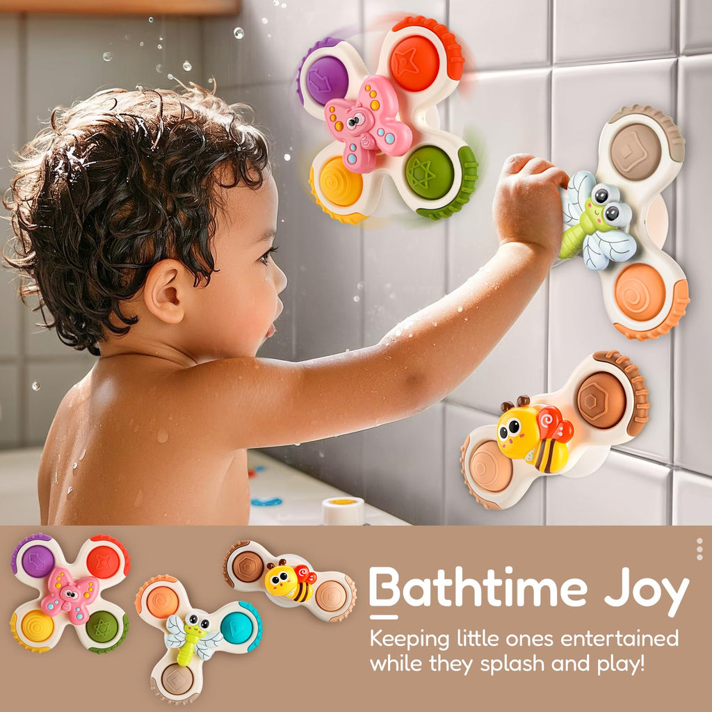 ALASOU 3-Piece Pop Suction Cup Spinner Toys for Babies 12-36 Months – Sensory Spinning Tops for Travel, Bath & High Chair