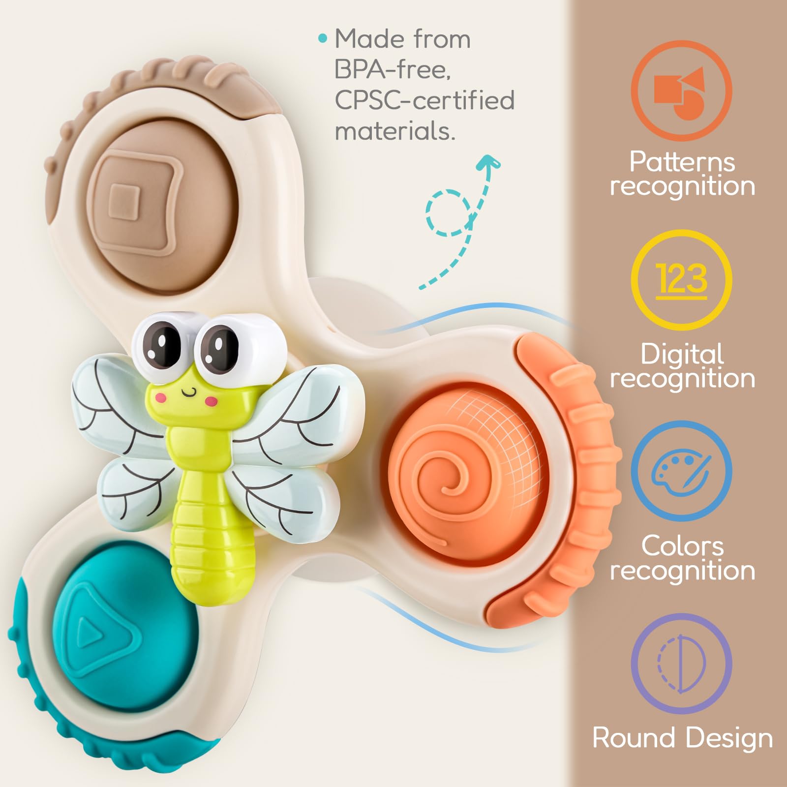 ALASOU 3-Piece Pop Suction Cup Spinner Toys for Babies 12-36 Months – Sensory Spinning Tops for Travel, Bath & High Chair