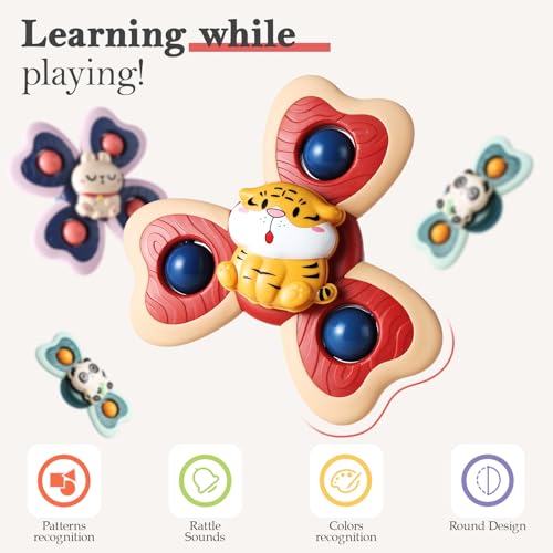 ALASOU 3-Piece Suction Cup Spinner Toys for Toddlers 1-3 Years | Spinning Tops for Bath, Travel & Sensory Play