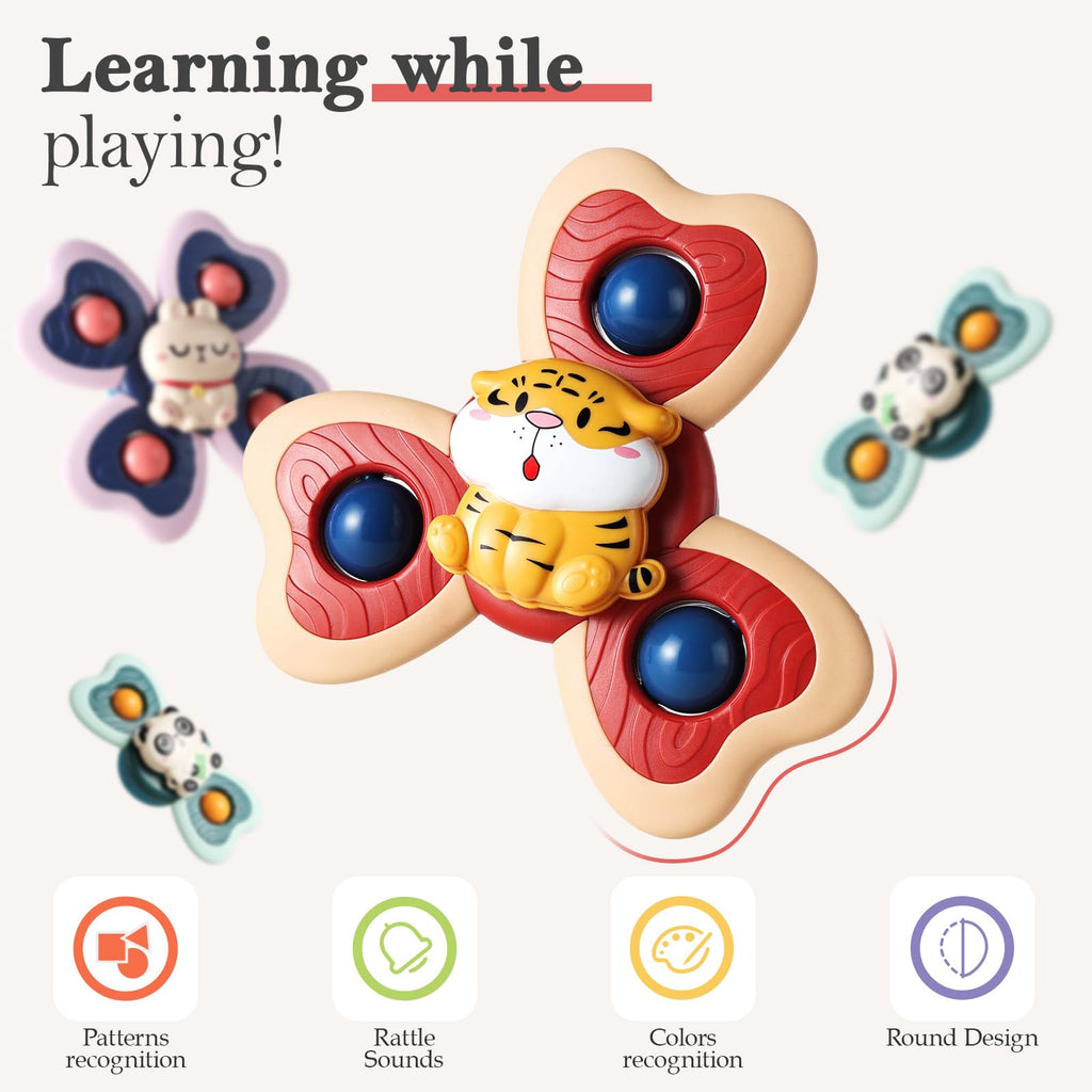 ALASOU 3-Piece Suction Cup Spinner Toys for Toddlers 1-3 Years | Spinning Tops for Bath, Travel & Sensory Play