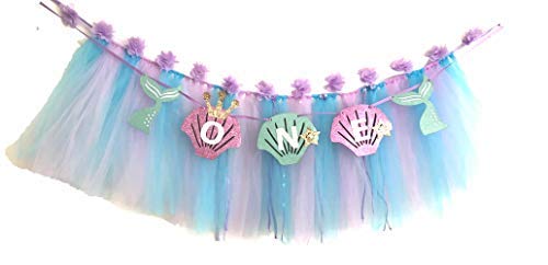 Alemon Mermaid 1st Birthday High Chair Tutu Decoration Set with Purple Blue Shell ONE Pennant Banner