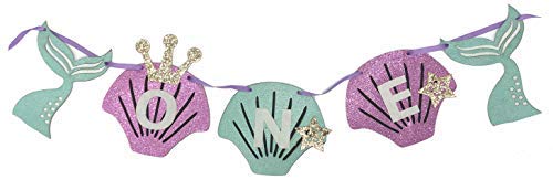 Alemon Mermaid 1st Birthday High Chair Tutu Decoration Set with Purple Blue Shell ONE Pennant Banner