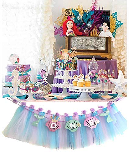 Alemon Mermaid 1st Birthday High Chair Tutu Decoration Set with Purple Blue Shell ONE Pennant Banner